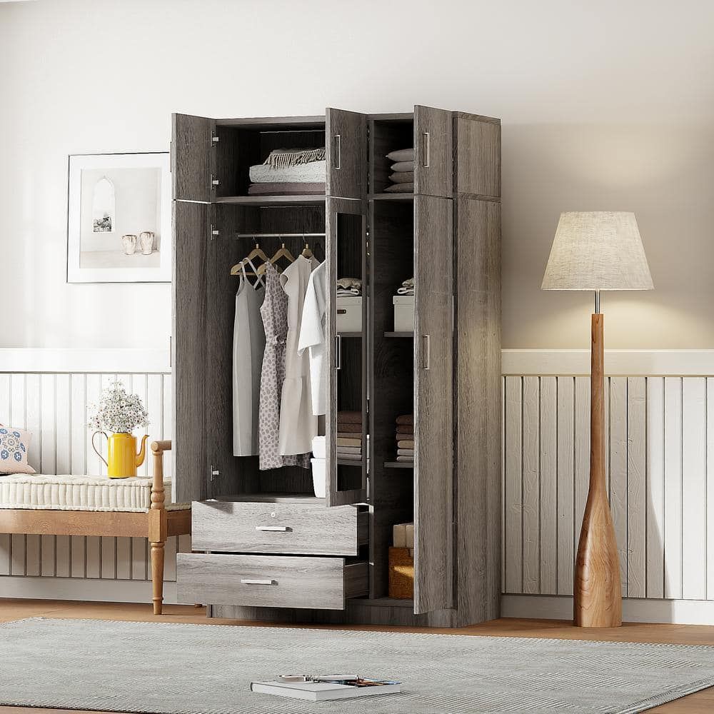 Gray 41.3 in. Contemporary Wooden Wardrobe Armoire with Mirror