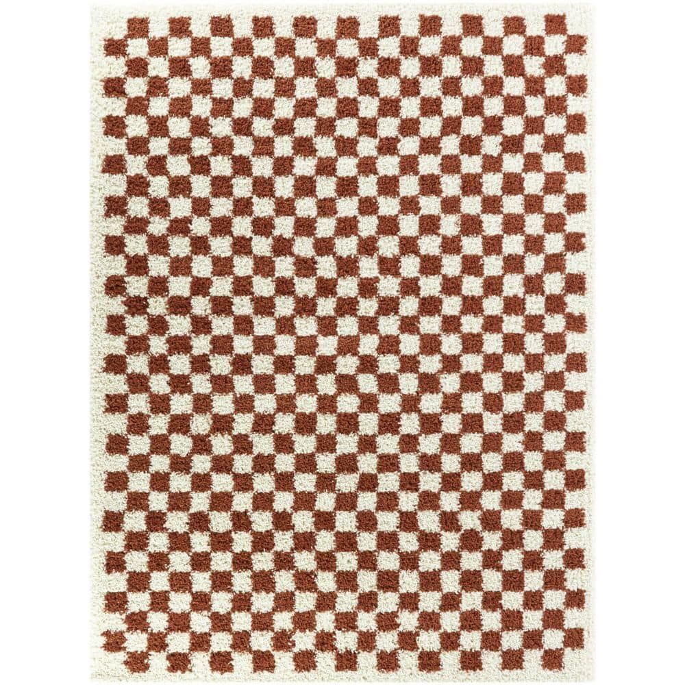 Burnt Orange and White Synthetic Shag Rectangular Area Rug 9' x 12'