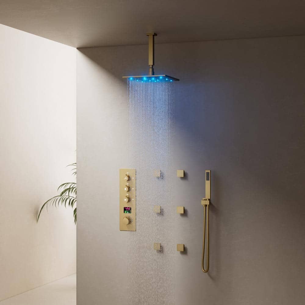 Brushed Gold 12" LED Ceiling Mounted Shower System with Digital Display