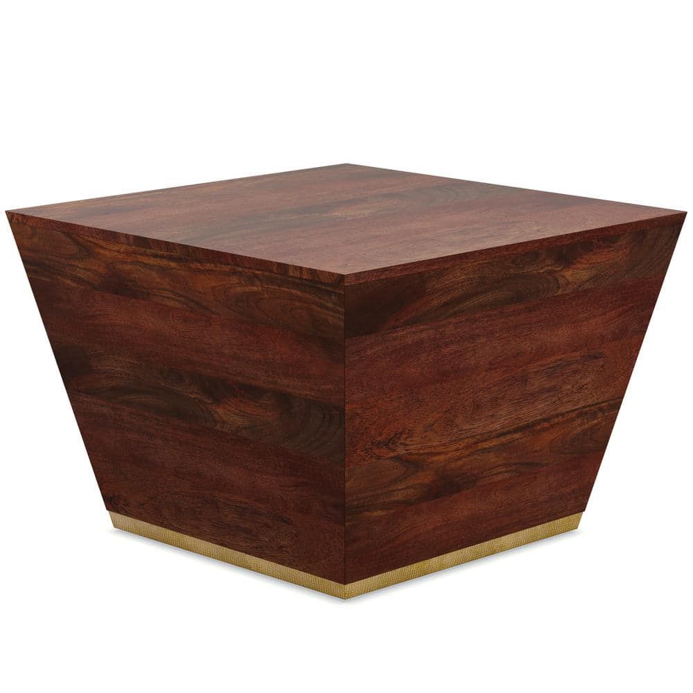Cognac Brown Solid Mango Wood Square Coffee Table with Brass Trim
