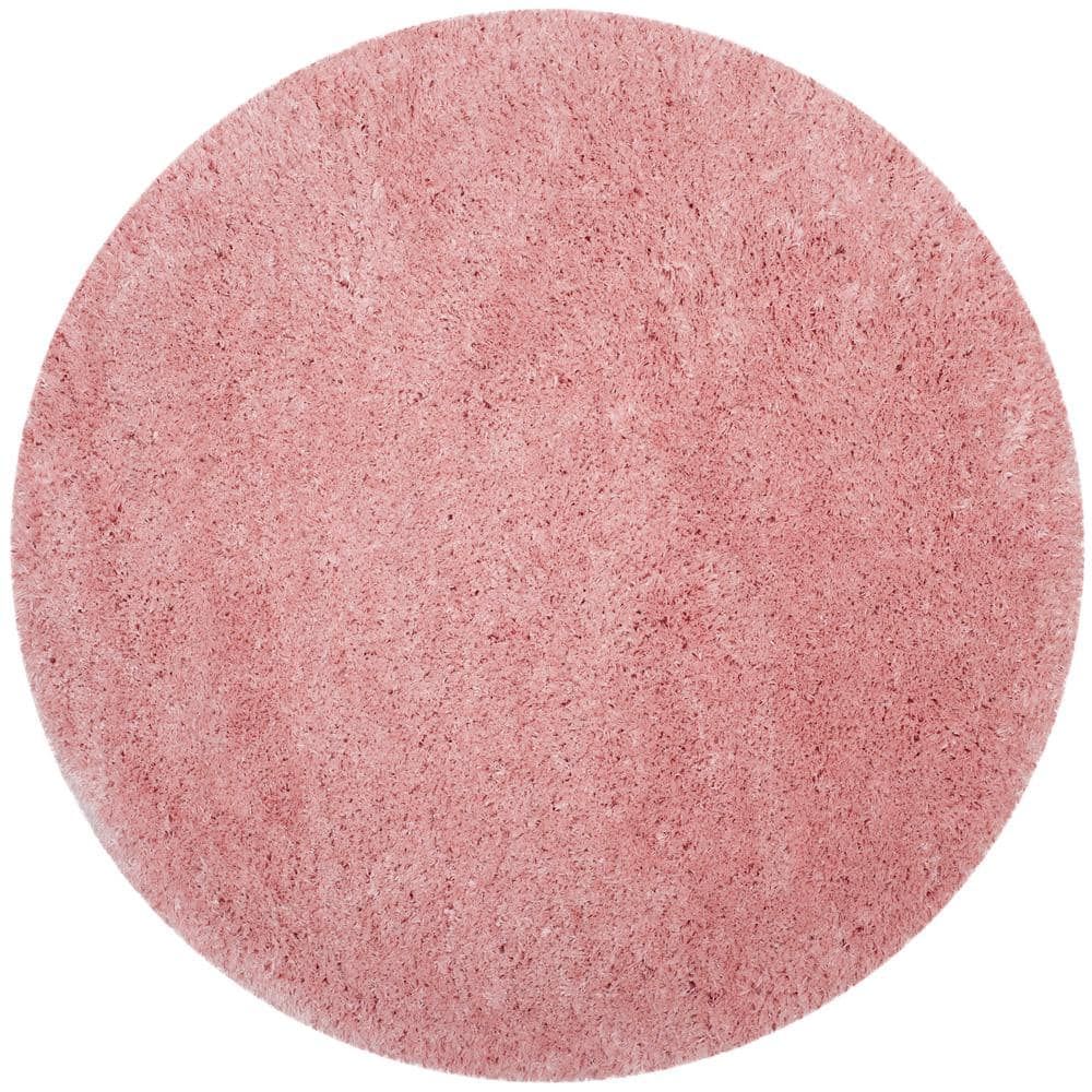 Round Light Pink Shag Synthetic Easy Care Area Rug