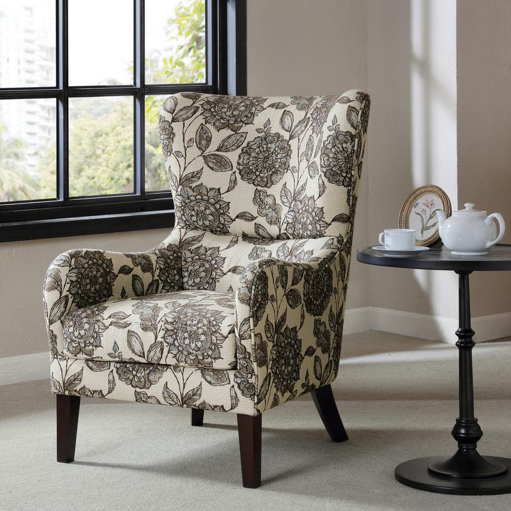 Gray and Brown Birch Wood Floral Accent Chair