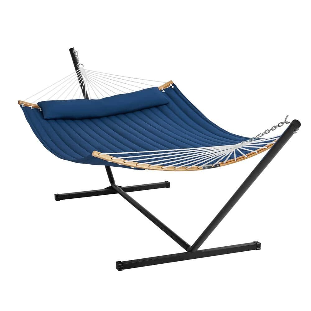 Blue Quilted Fabric Double Hammock with Stand and Pillow