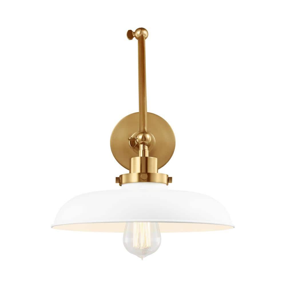 Matte White and Burnished Brass Double Arm Sconce