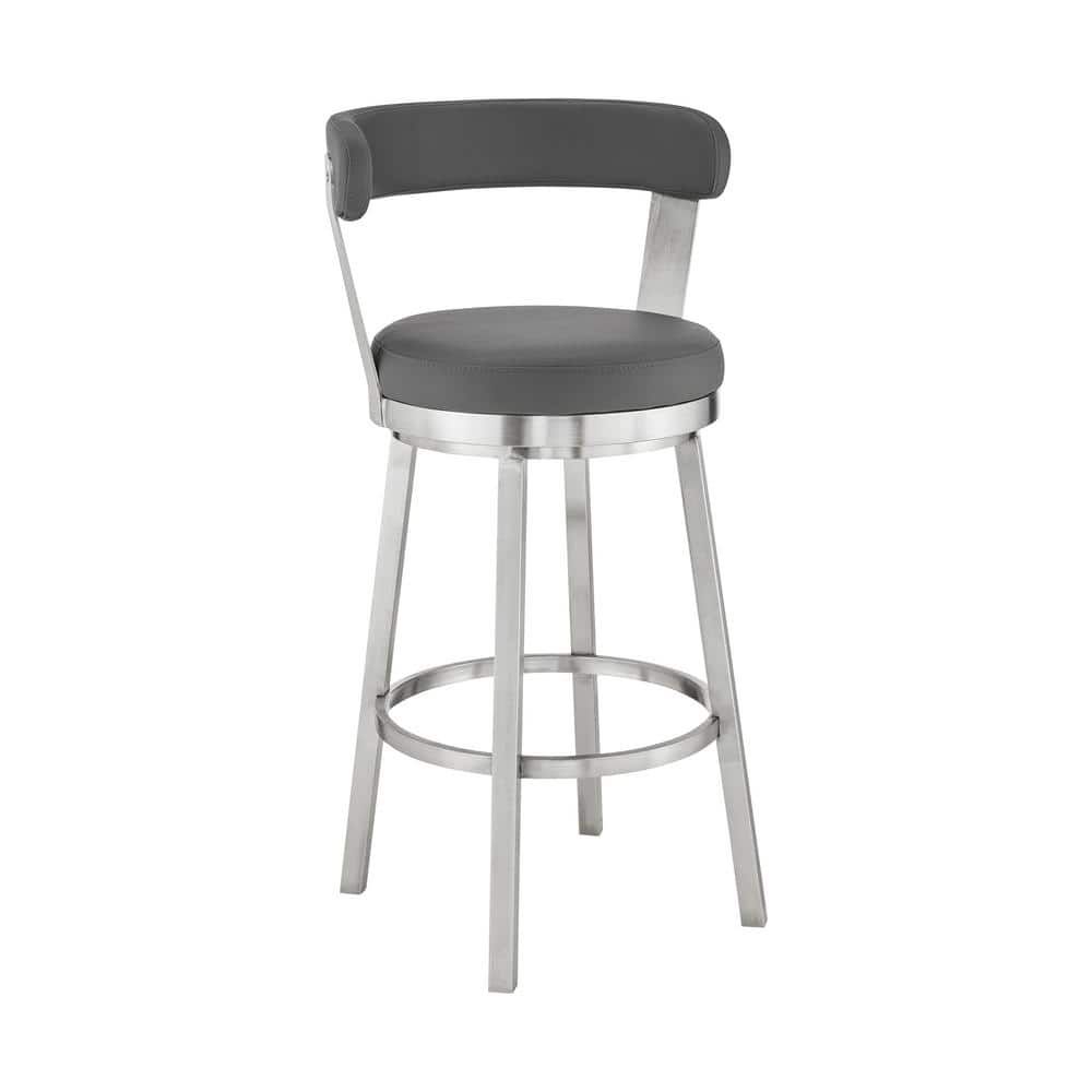 Gray Faux Leather Swivel Counter Stool with Brushed Stainless Steel