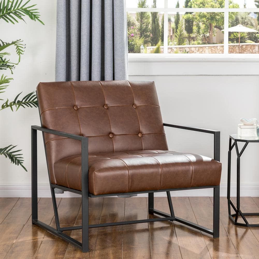 Modern Distressed Brown Faux Leather Button-Tufted Accent Chair