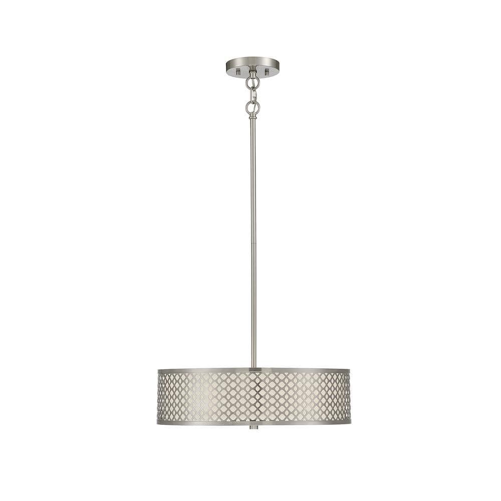 Brushed Nickel 3-Light Drum Pendant with White Fabric Shade