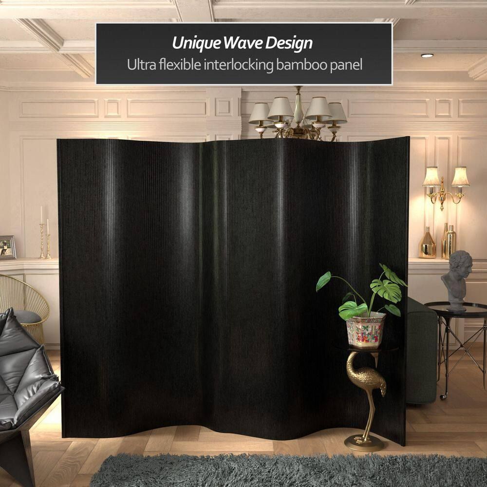 Black Painted Bamboo Wave Room Divider, 72.25" H x 98" W