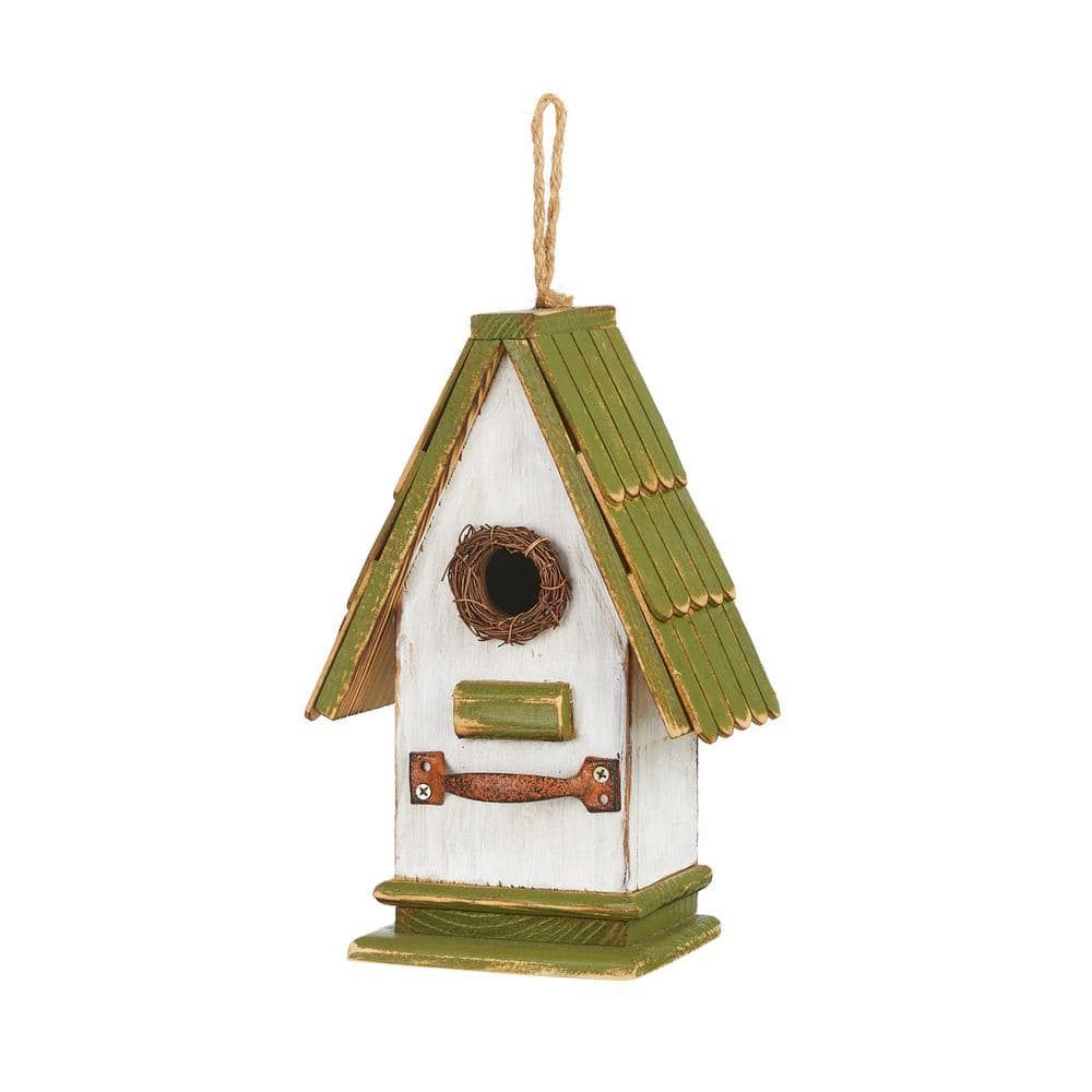 10.5" Hand Painted Distressed Wood Birdhouse with Green Roof