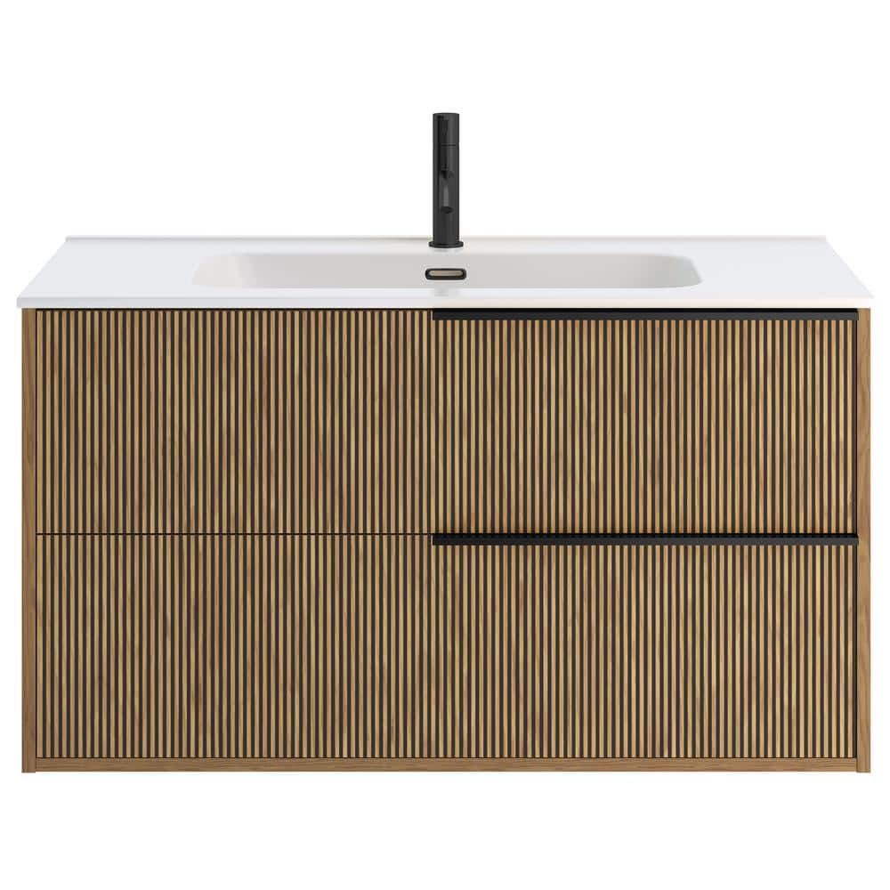 Kora 40" Medium Brown MDF Wall Mounted Vanity with White Ceramic Top