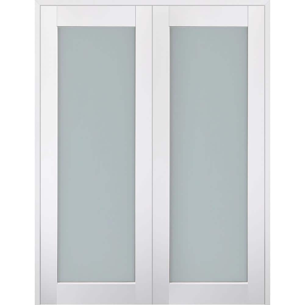 Polar White Frosted Glass Paneled French Door with Pine Frame