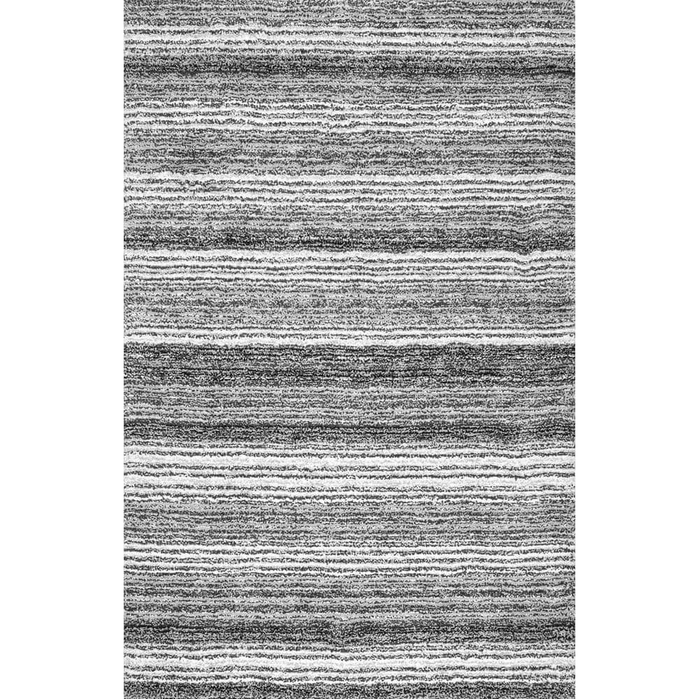 Gray Multi Striped Tufted Shag Synthetic Area Rug 4' x 6'