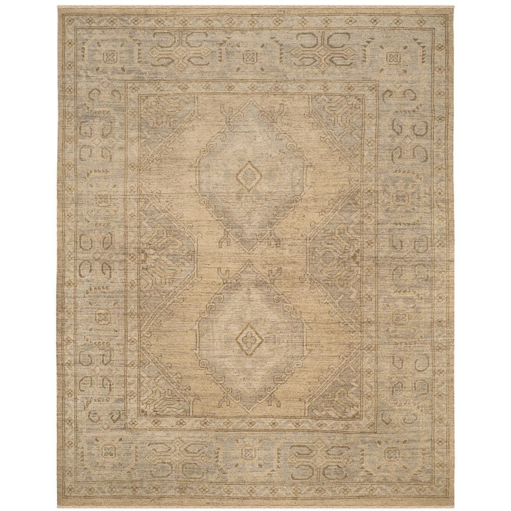 Hand-Knotted Beige and Gray Wool Area Rug 8' x 10' with Persian Inspiration