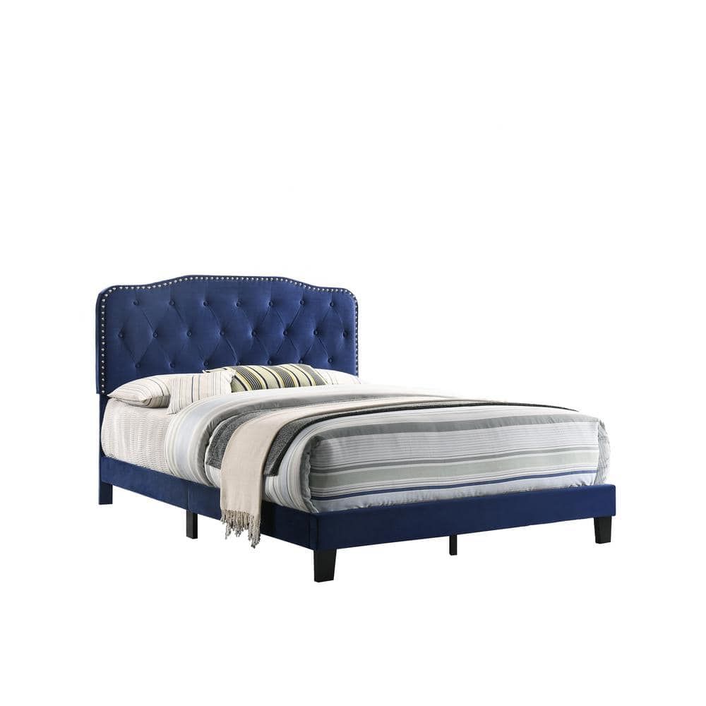 Navy Velvet Full/Double Bed with Silver Nailhead Trim and Tufted Headboard