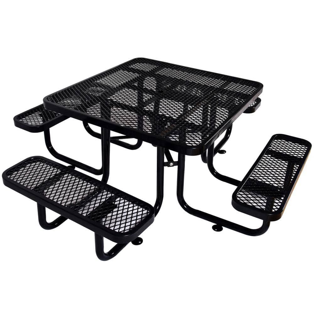 46 in. Black Square Steel Outdoor Picnic Table with Umbrella Hole