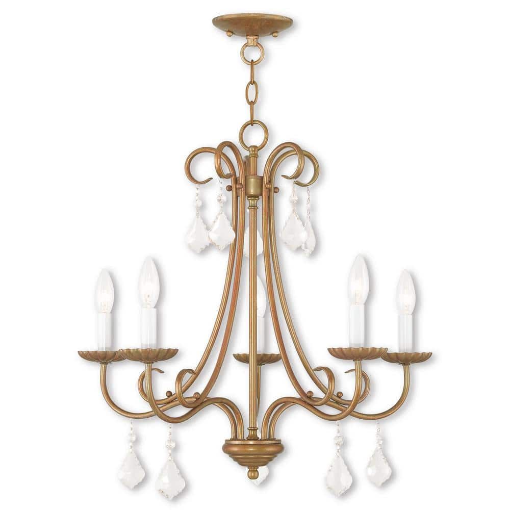 Antique Gold Leaf 5-Light Chandelier with Teardrop Crystals