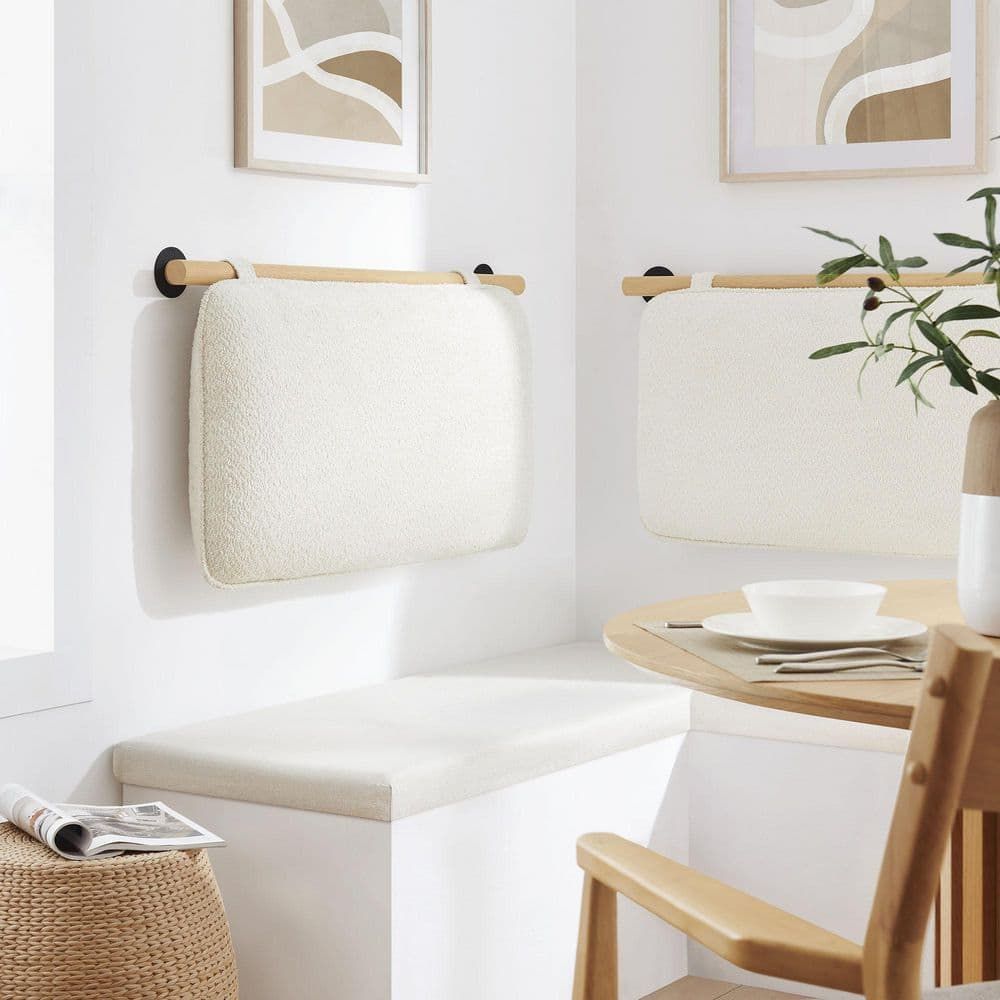 Cream Chenille Upholstered Floating Twin Headboard with Rubberwood Bar