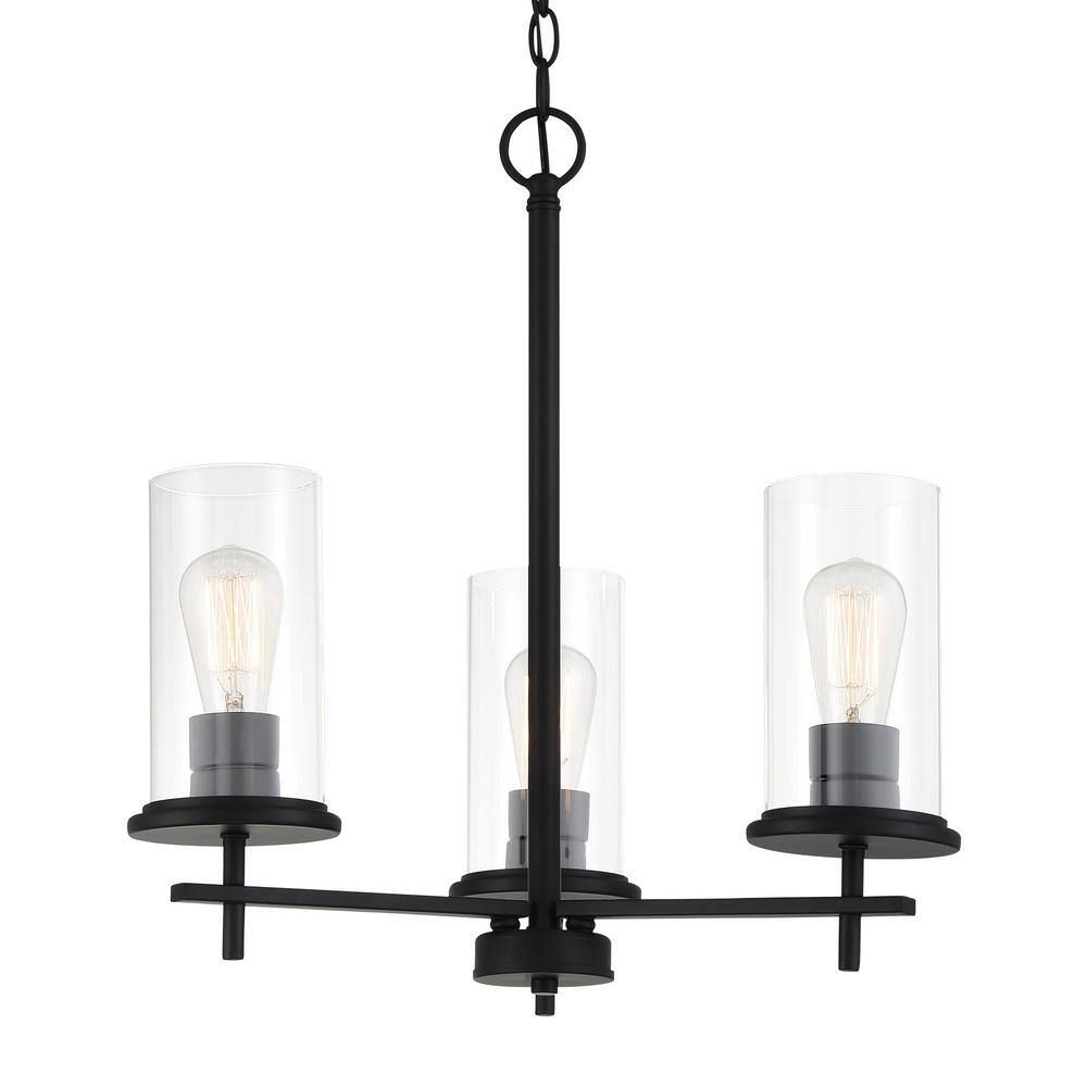 Coal Black 3-Light Glass Shade Chandelier with Clear Cylinder