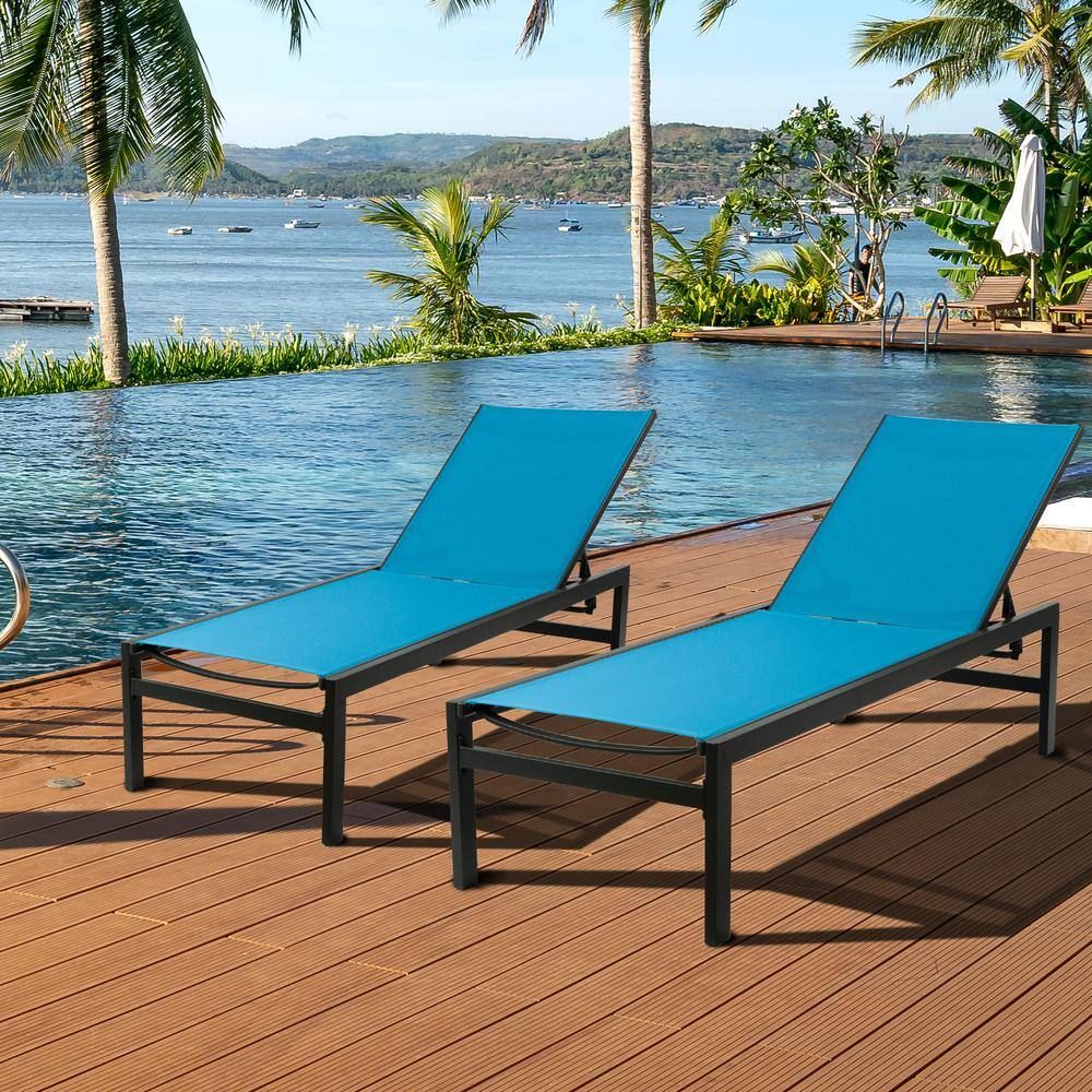 Modern Blue Aluminum Patio Reclining Chaise Lounge, 76-inch
