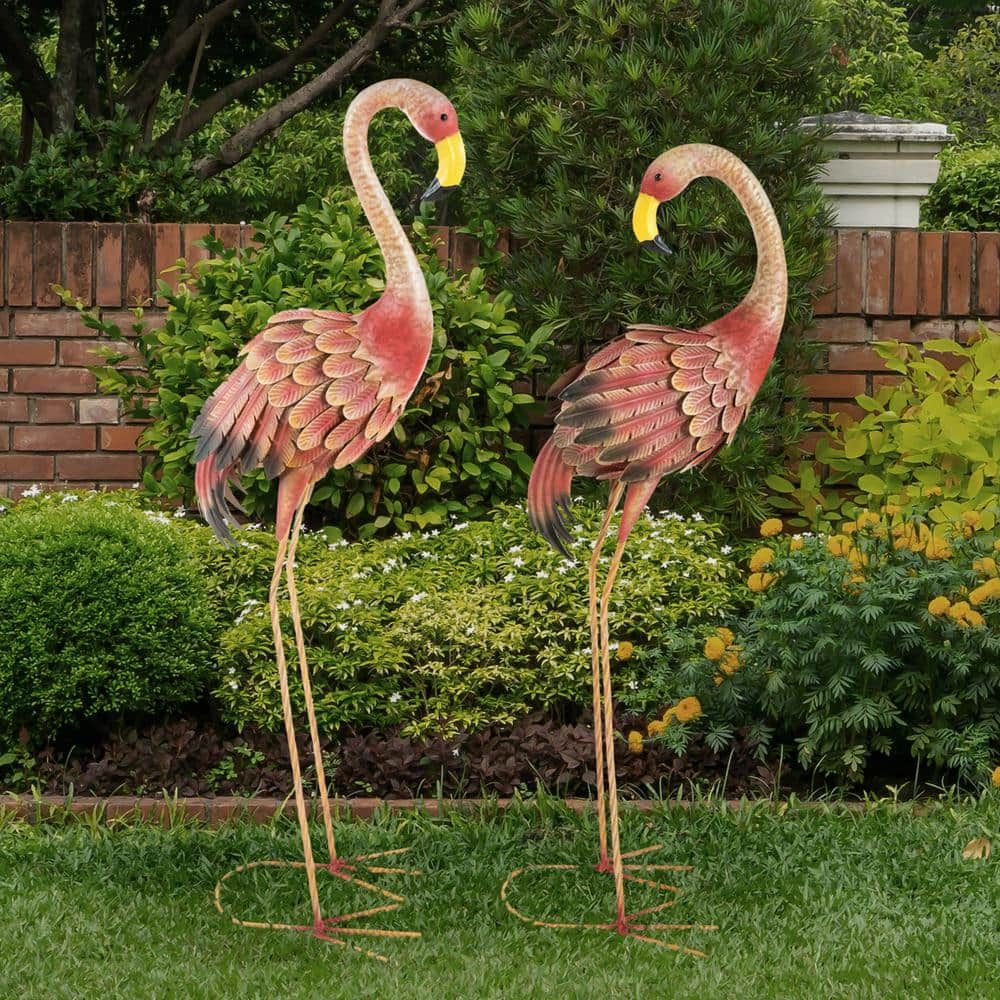 31 in. Hand-Painted Pink Metal Flamingo Garden Statues