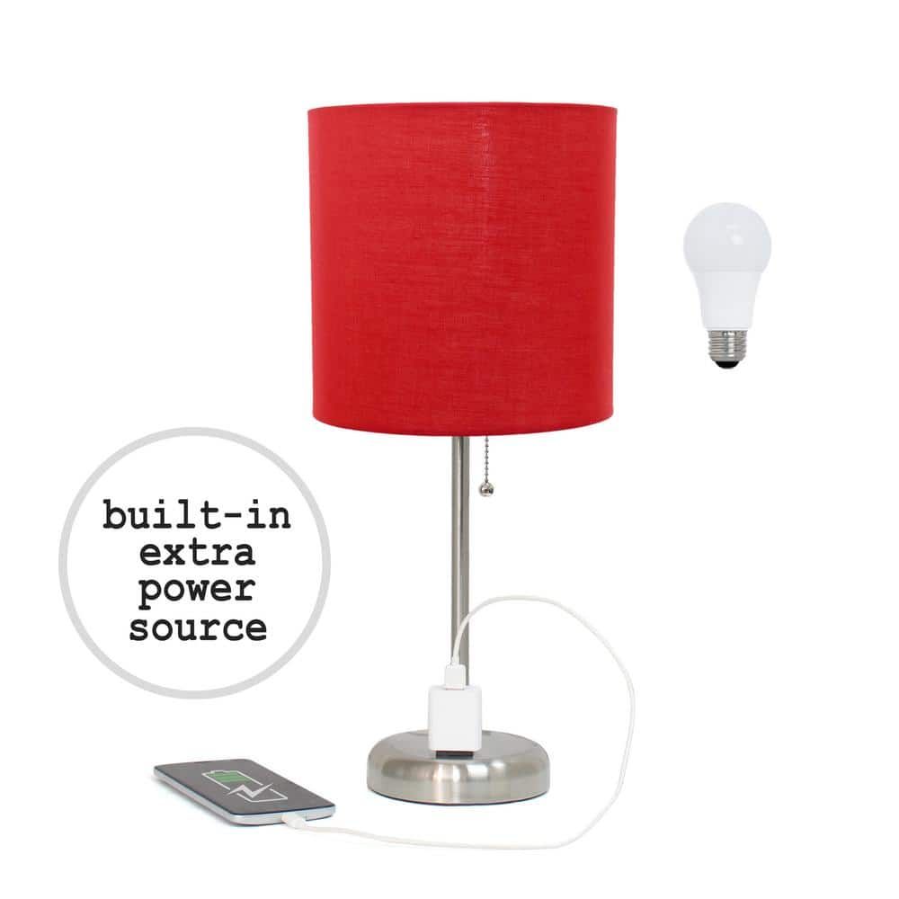 Brushed Steel Stick Table Lamp with Red Drum Shade and USB Port