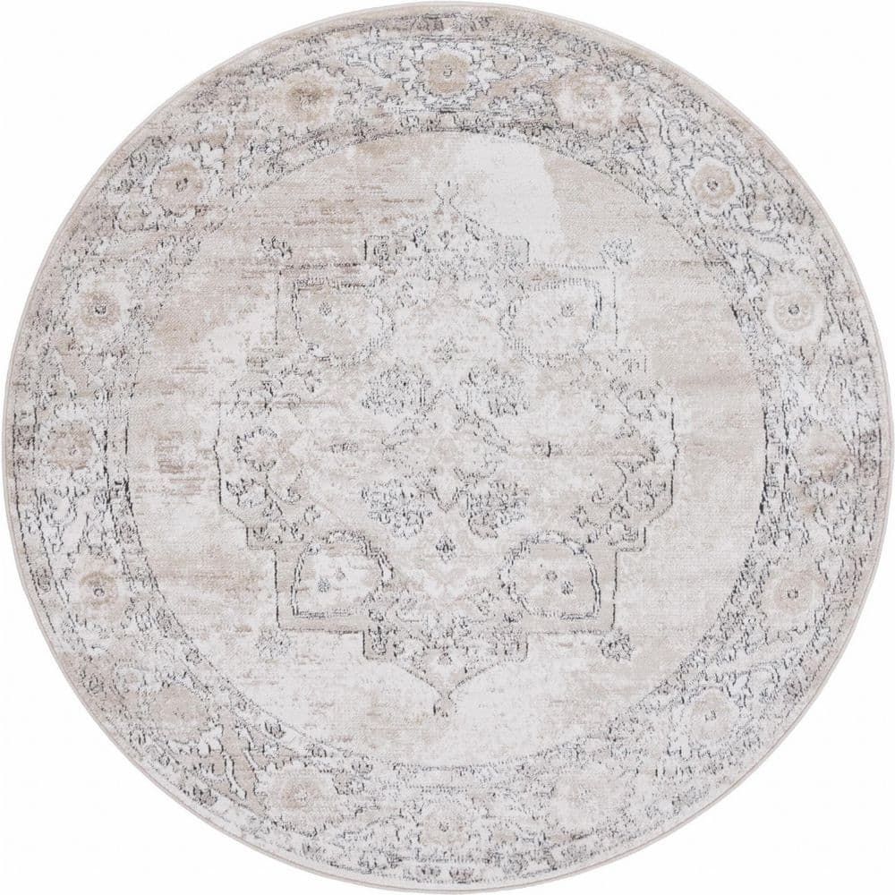 Round Ivory and Gray Geometric Synthetic Easy Care Rug