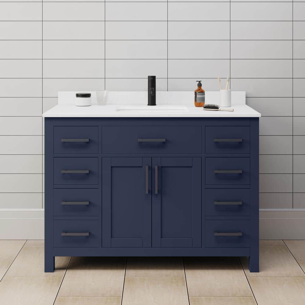 Beckett 48" Dark Blue Wood Bathroom Vanity with White Marble Top