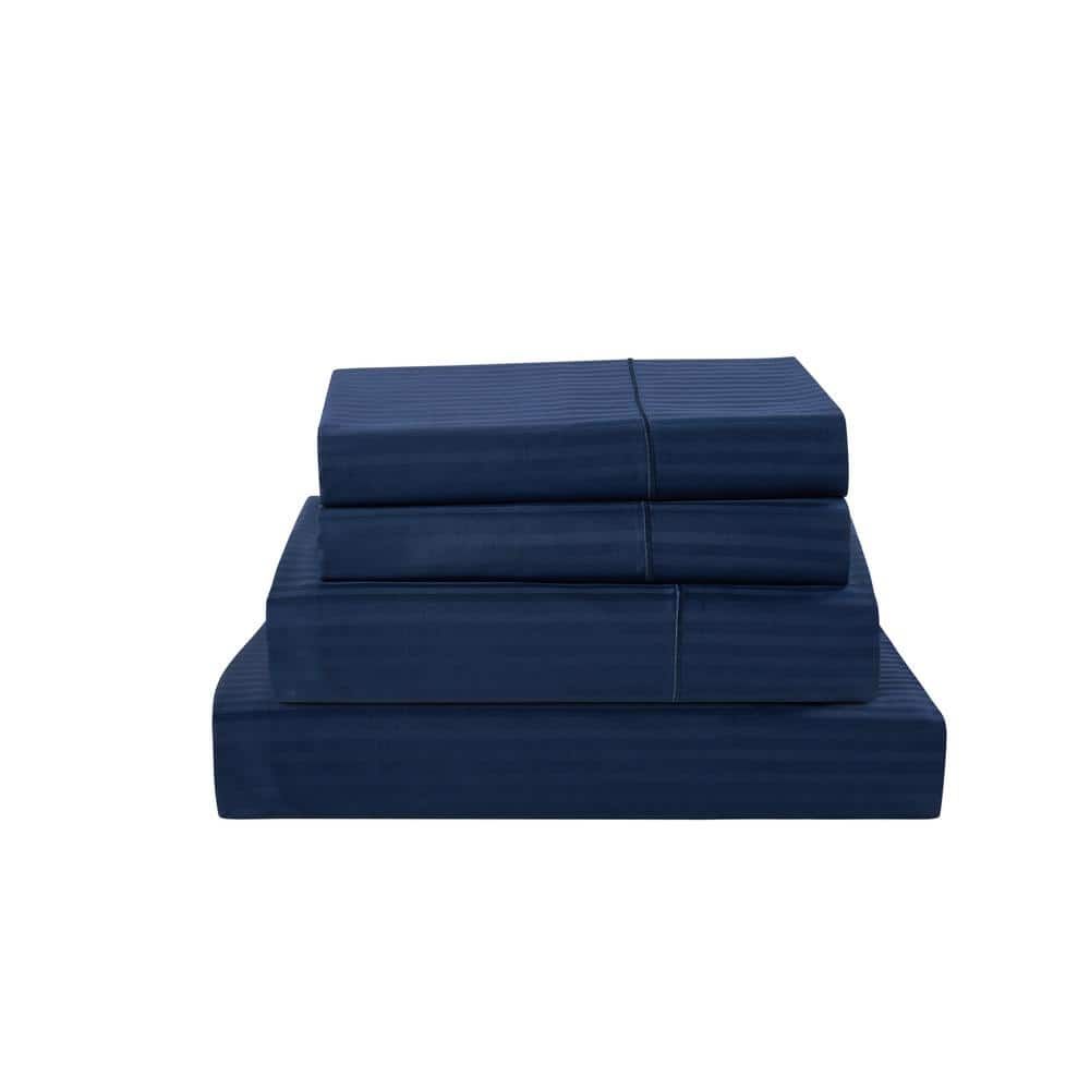 Navy Cotton Twin Sheet Set with Subtle Stripes