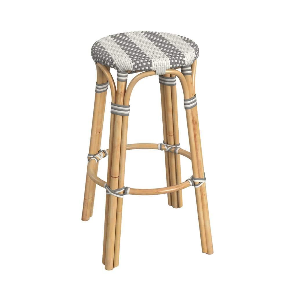 Damask Grey Striped 30" Round Rattan Coastal Bar Stool