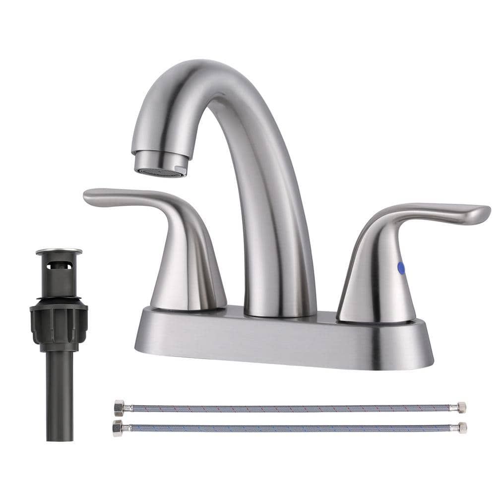 Brushed Nickel Double Handle High Arc Bathroom Faucet with Pop-Up Drain