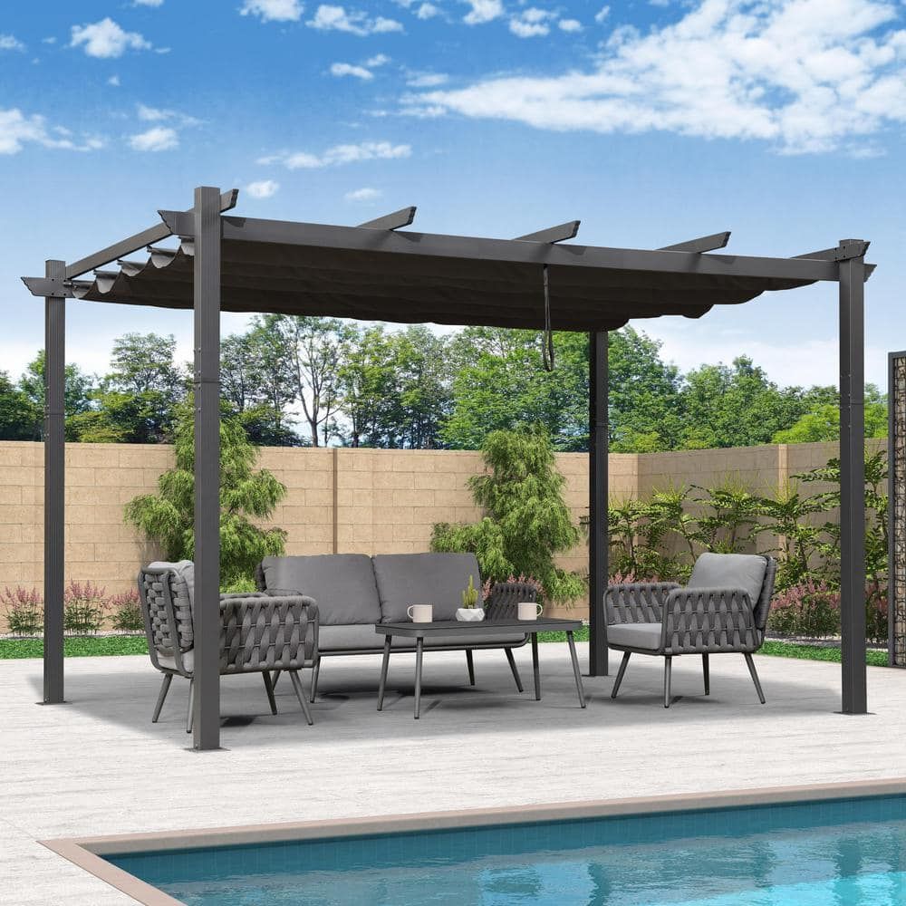 Gray Aluminum Outdoor Pergola with Retractable Canopy, 11' x 13'