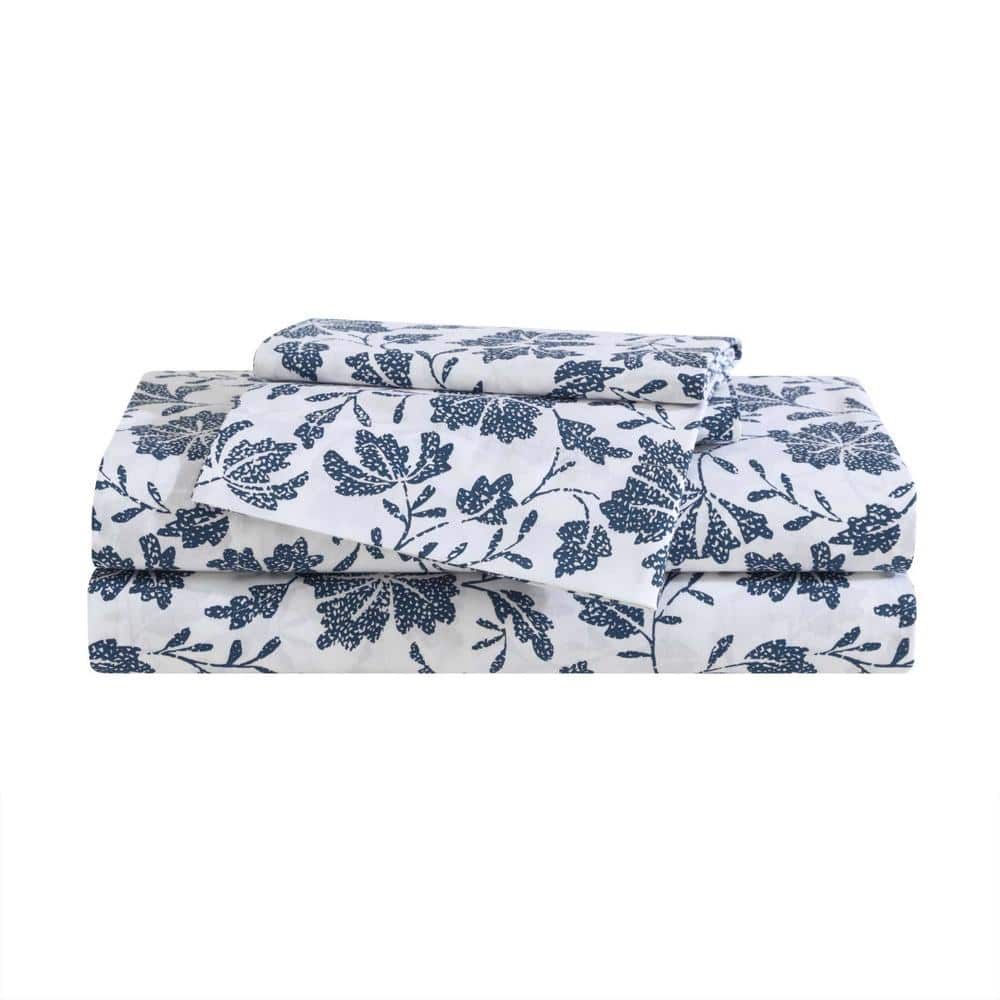 Queen Blue Floral Cotton Percale Deep Pocket Sheet Set