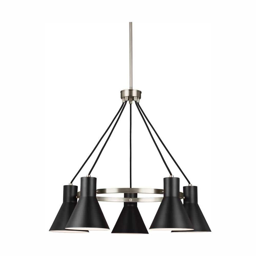 Mid-Century Retro Brushed Nickel 5-Light LED Chandelier with Black Steel Shade