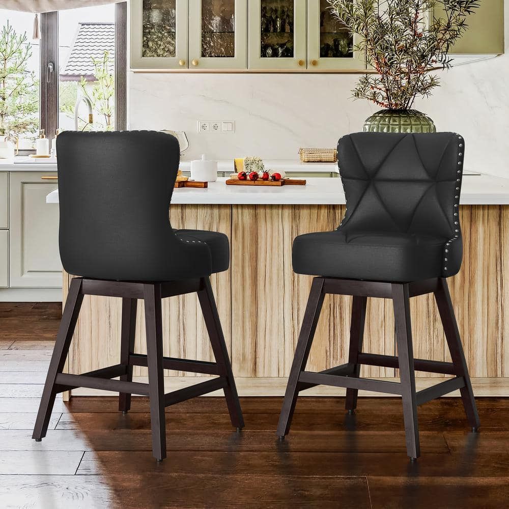 26" Black Faux Leather Swivel Bar Stools with Wood Frame, Set of 2