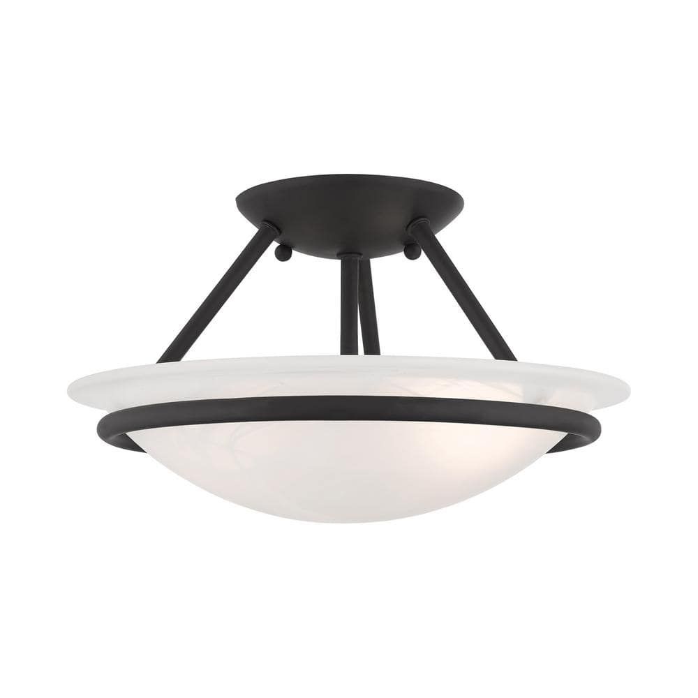 Lustrous Black Nickel 2-Light Semi Flush Mount with White Alabaster Glass Bowl