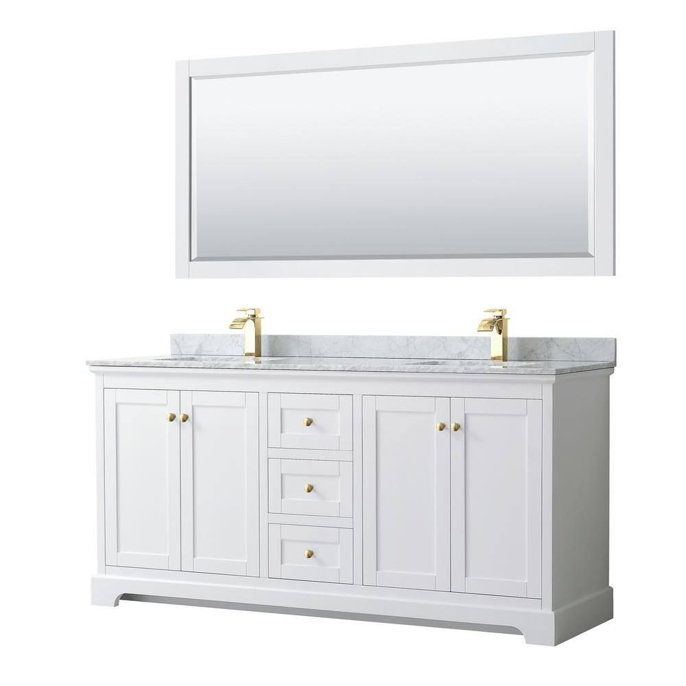 Avery 72" White Double Vanity with Carrara Marble and Brushed Gold Trim