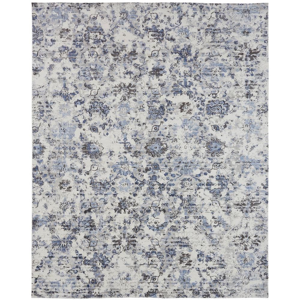 Blue and Gray Abstract High Pile Viscose Area Rug