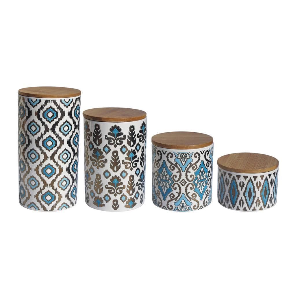 Blue and Gold Geometric Ceramic Canister Set with Wooden Lids