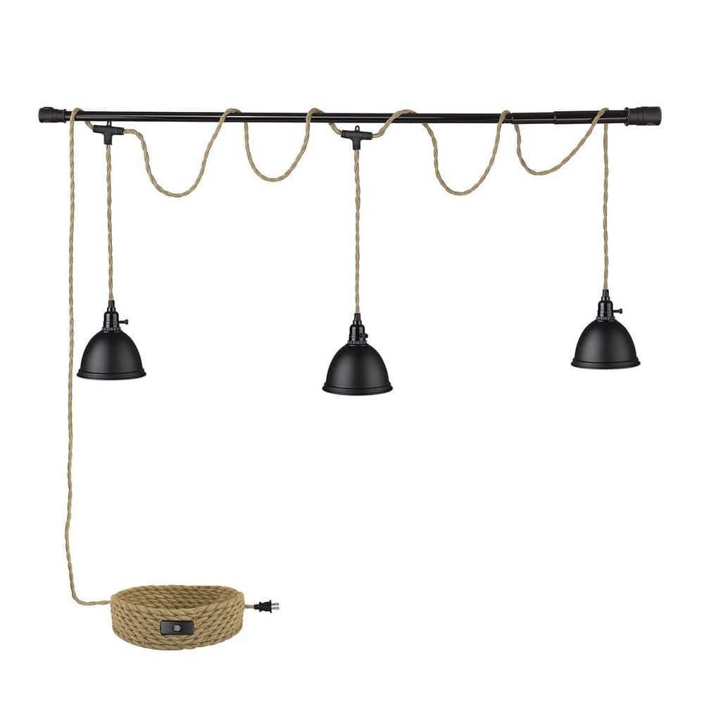 Black Metal Triple Pendant Light with Twisted Hemp Rope