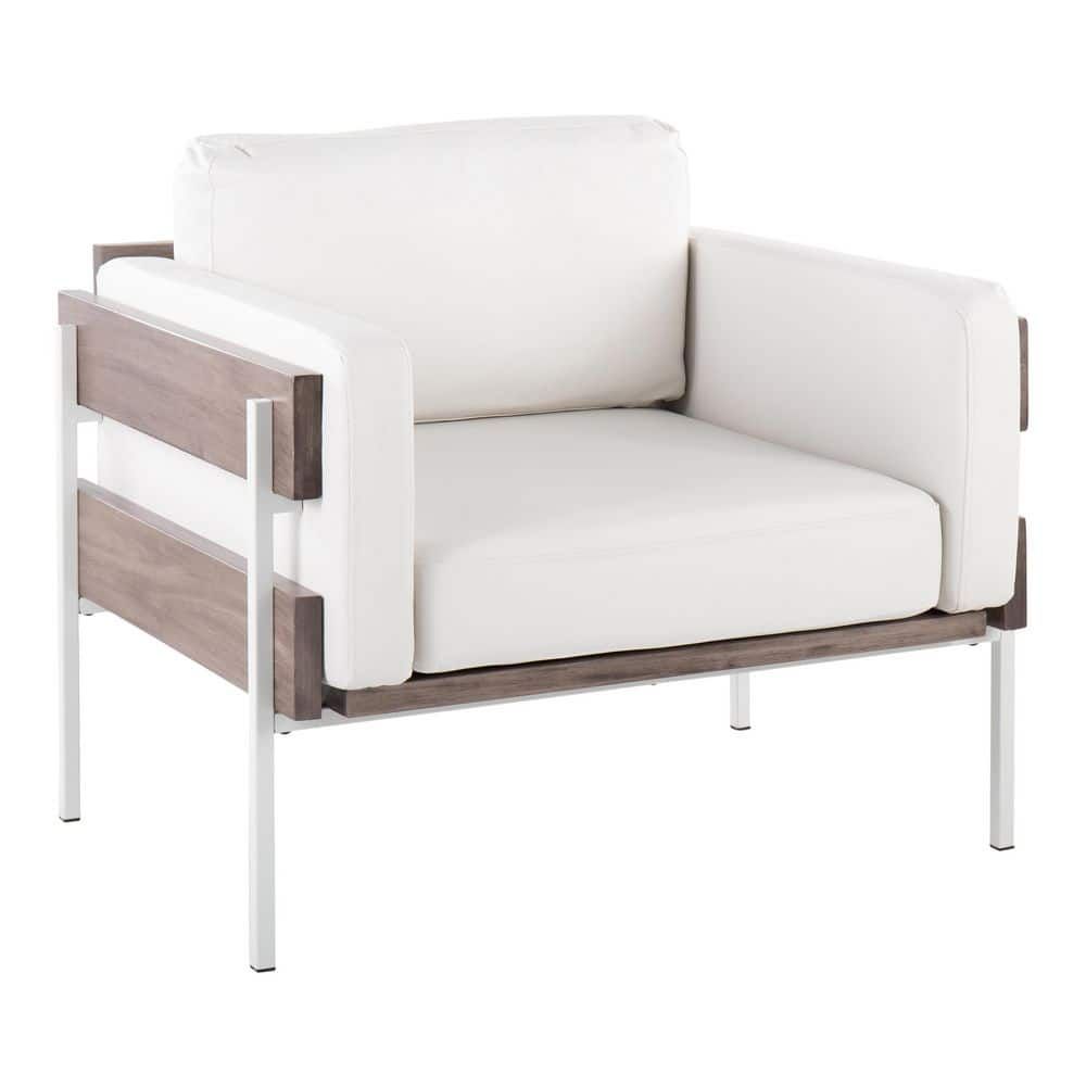 Farmhouse Luxe Kari White Faux Leather Accent Chair with Grey Wood