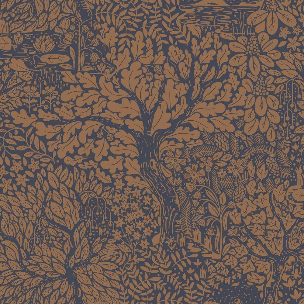 Scandinavian Navy Blue and Orange Floral Wallpaper Roll