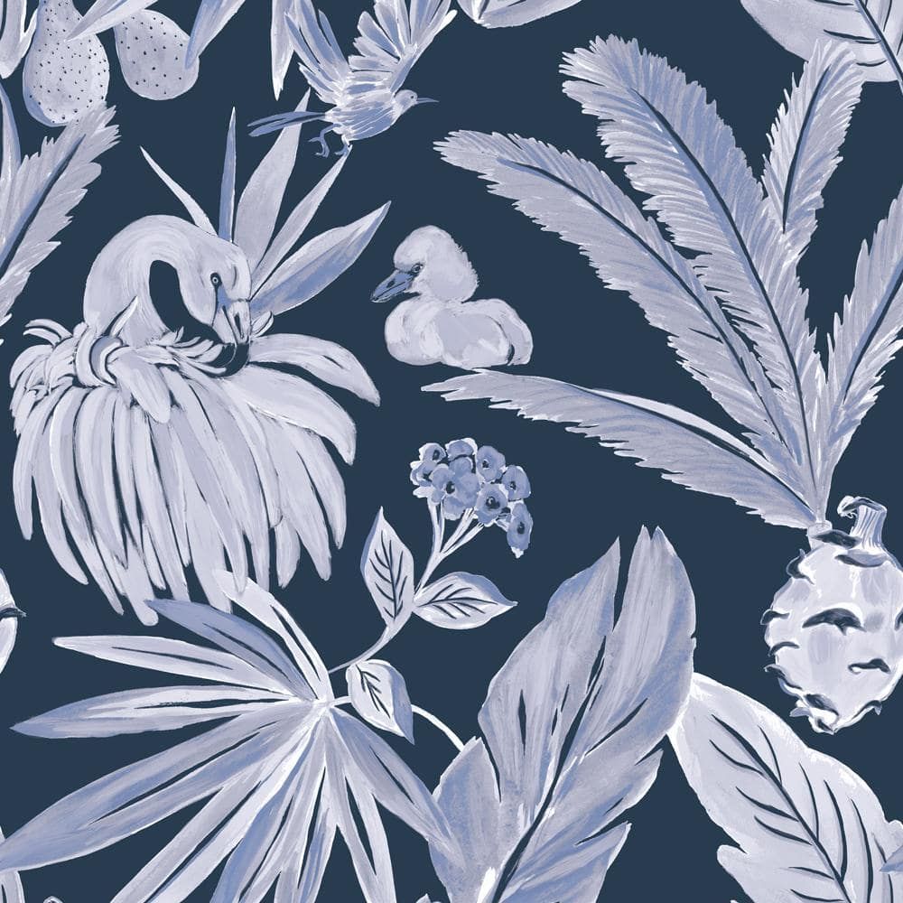 Blue Flamingos and Palms Peel and Stick Wallpaper Roll