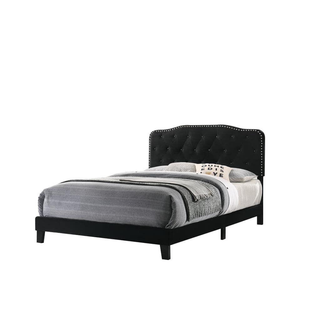 Black Velvet Full Bed with Tufted Upholstered Headboard