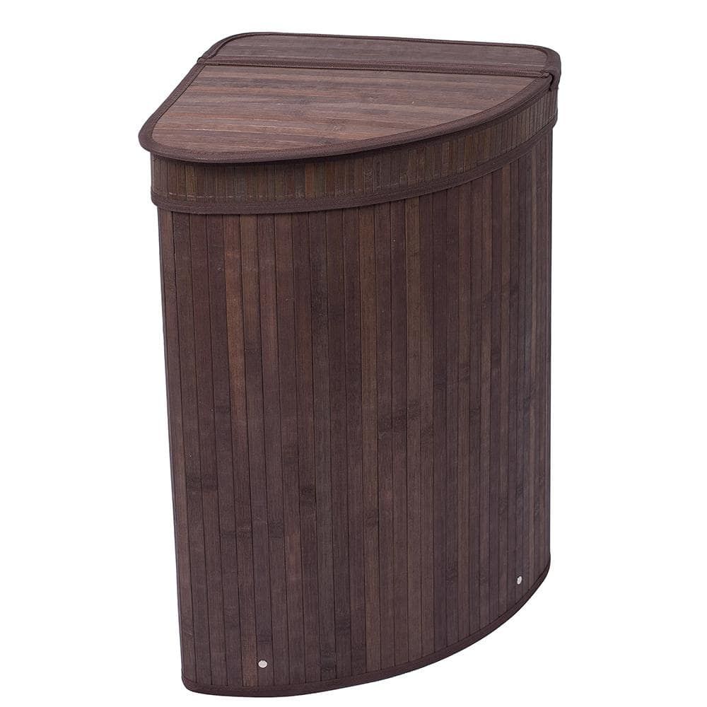 Espresso Bamboo Corner Laundry Hamper with Lid and Cloth Liner