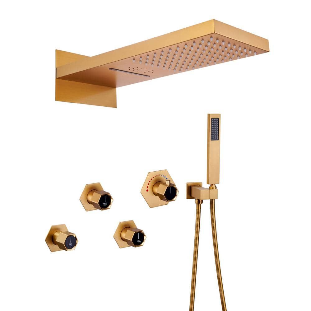 Large Brushed Gold Dual Shower Head System with LED and Bluetooth