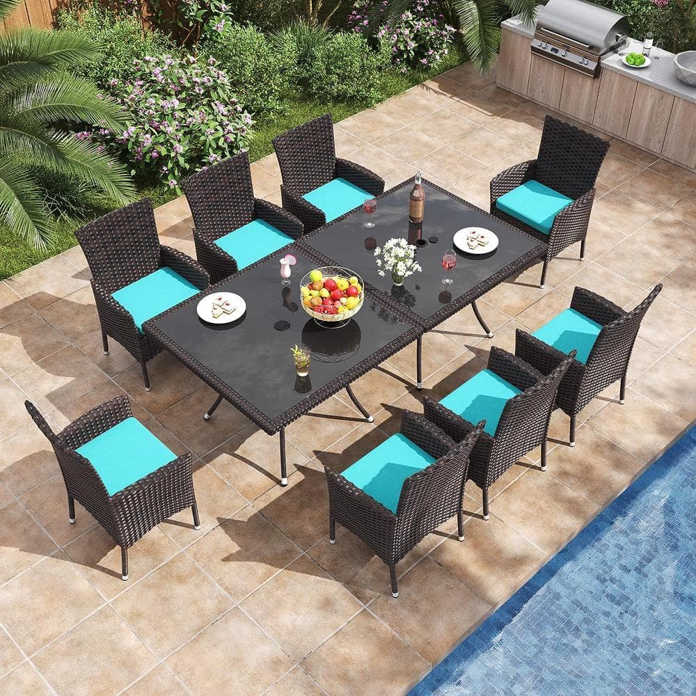 10-Piece Wicker Patio Dining Set with Blue Cushions and Glass Tabletop