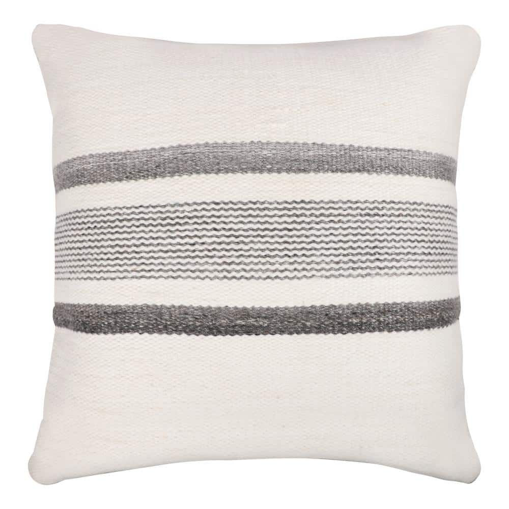 20" White and Gray Striped Hand-Woven Square Throw Pillow