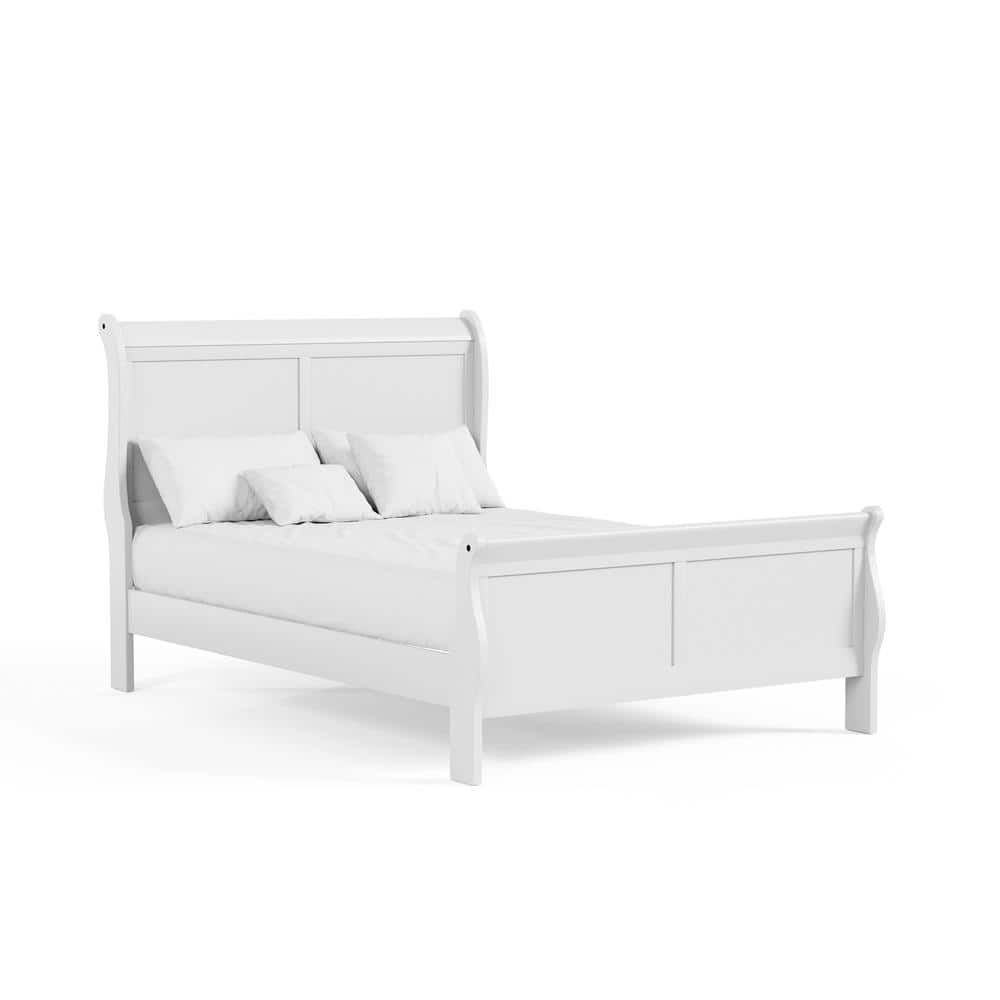 White Traditional Wood Sleigh Full Bed Frame with Headboard and Footboard