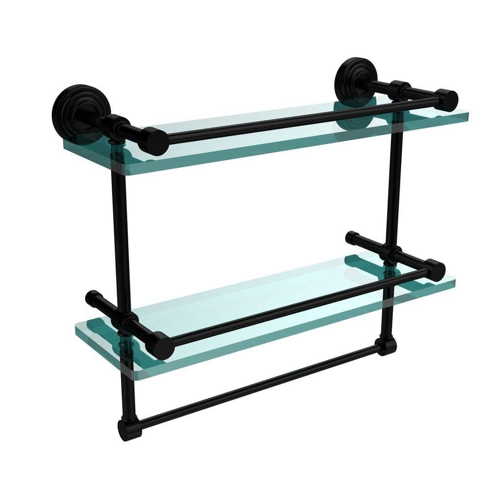 Matte Black 16" Wall-Mounted Glass Shelf with Towel Bar