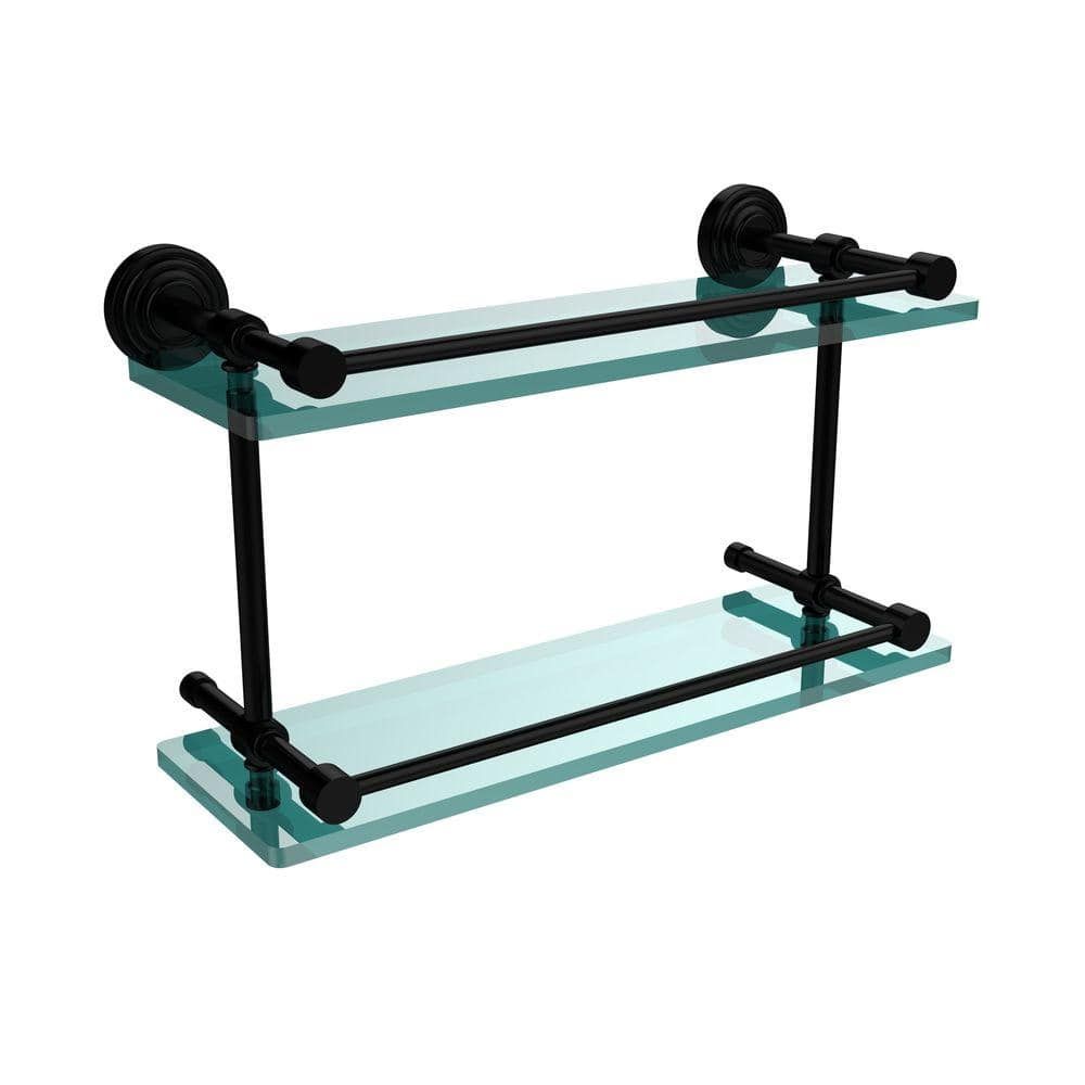Matte Black Double Tier Glass Wall Shelf with Brass Rail